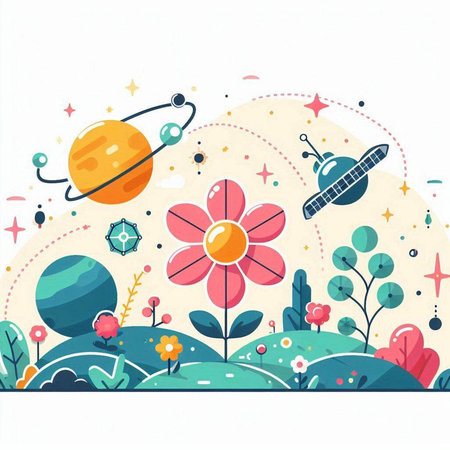 Vector illustration of space background with stars, planets, flowers and plantsのイラスト素材