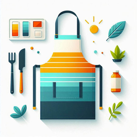 Kitchen utensils and apron. Top view. Vector illustration.のイラスト素材