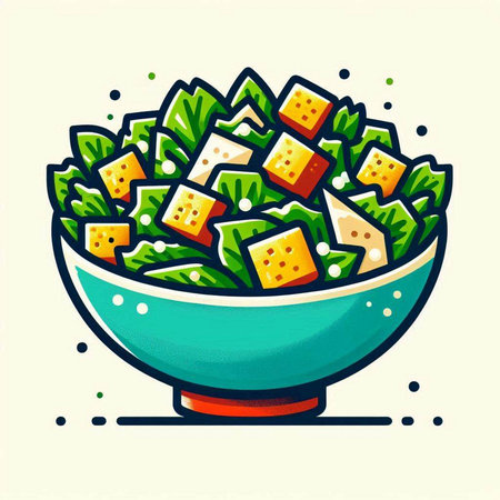 Salad with cheese and herbs in a bowl, vector illustration.のイラスト素材