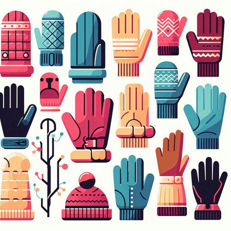 Winter gloves icons set. Vector illustration in flat style. Winter accessories.のイラスト素材