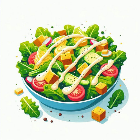 Salad with cheese, cucumber, tomato and mayonnaiseのイラスト素材