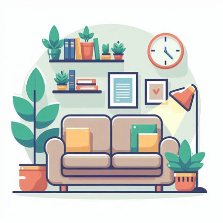 Living room interior with sofa, bookshelf, plants and clock. Flat vector illustration.のイラスト素材