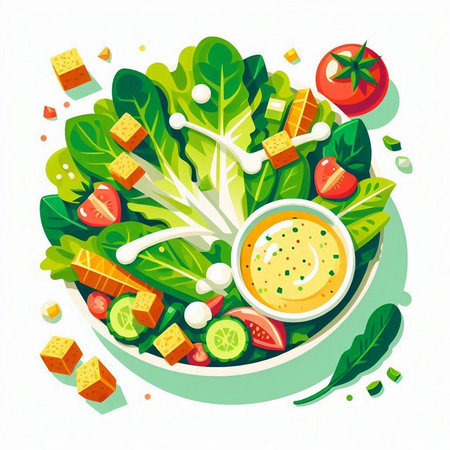Vegetarian salad. Healthy food. Vector illustration in flat style.のイラスト素材