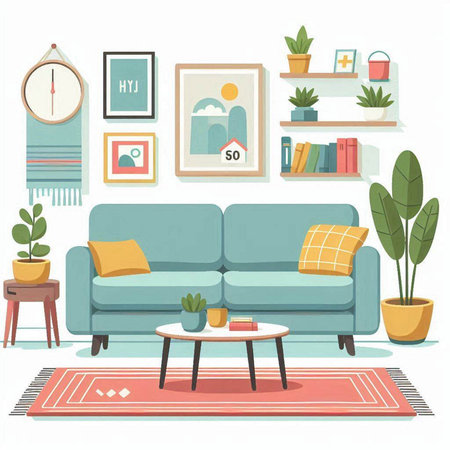 Living room interior with sofa, table, bookshelf and plants. Vector illustration.のイラスト素材