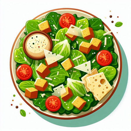Salad with cheese, lettuce, tomatoes and feta. Vector illustrationのイラスト素材