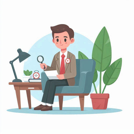 Businessman sitting on sofa and looking at watch. Vector illustration.のイラスト素材
