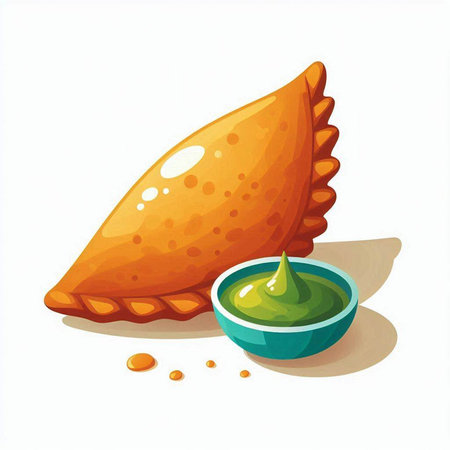 Illustration of traditional indian samosas with sauce on white backgroundのイラスト素材