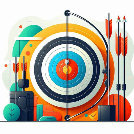 Archery target with arrows on abstract colorful background. Vector illustration.のイラスト素材