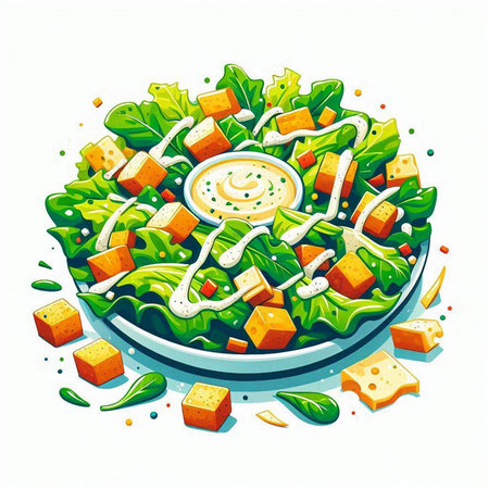 Salad with cheese, lettuce, arugula and sauce. Vector illustration.のイラスト素材