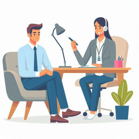 Businessman and businesswoman sitting at office desk and talking. Vector illustration in flat styleのイラスト素材