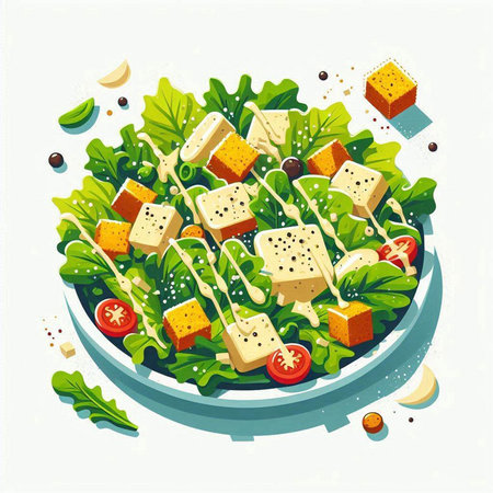Vegetable salad with tofu and cheese on white background. Vector illustration.のイラスト素材