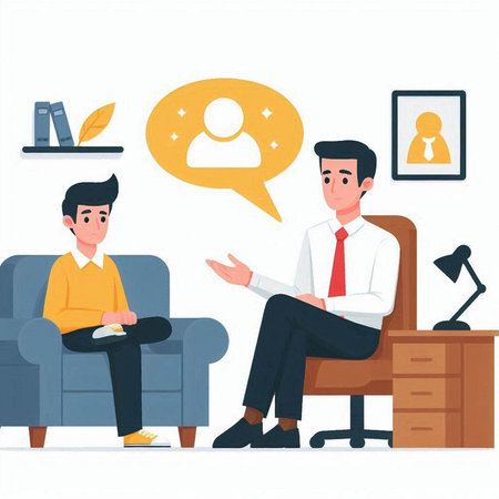 Psychotherapist or psychotherapist talking with patient in office. Psychotherapy session. Vector illustrationのイラスト素材