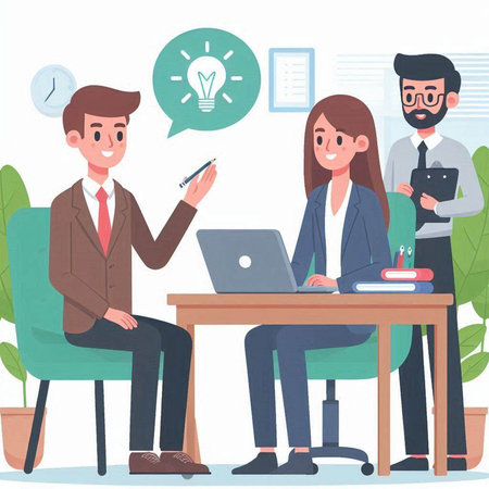 Businessman and businesswoman sitting at desk in office. Teamwork, brainstorming concept. Vector illustration in cartoon styleのイラスト素材