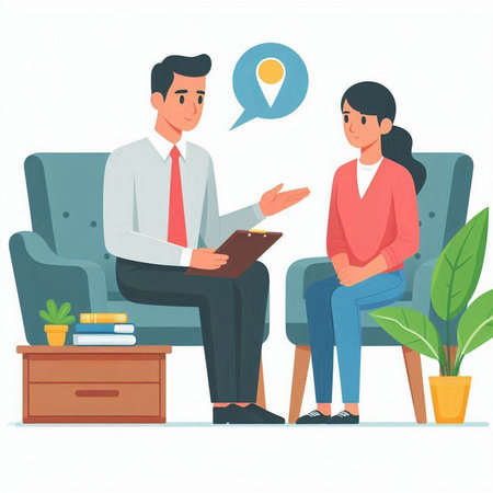 Psychotherapist talking with patient. Man and woman sitting in armchair and discussing problems. Vector illustration in cartoon styleのイラスト素材