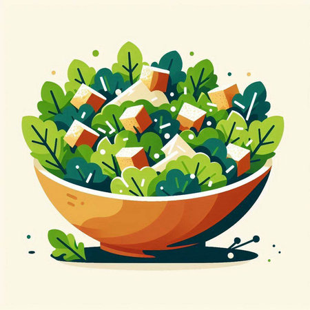 Salad with tofu in a bowl, vector illustration in flat styleのイラスト素材