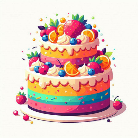 Birthday cake with fruits and berries on a white background. Vector illustration.のイラスト素材