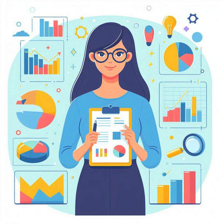 Vector illustration of business woman holding clipboard with graphs and charts in flat style.のイラスト素材