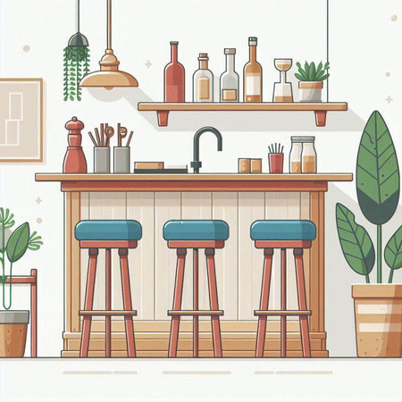 Cafe interior with bar counter, chairs and plants. Vector illustrationのイラスト素材