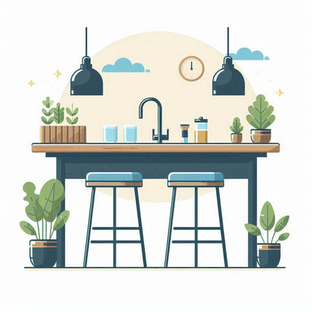 Kitchen interior with bar counter, chairs and plants. Flat style vector illustration.のイラスト素材
