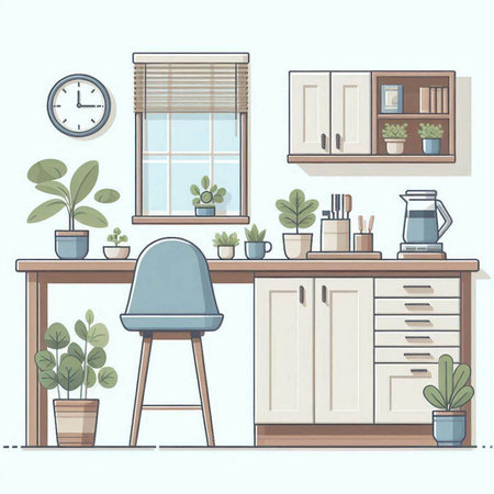 Flat design vector illustration of home office interior. Workspace with desk, chair, bookshelf, plants and clock.のイラスト素材