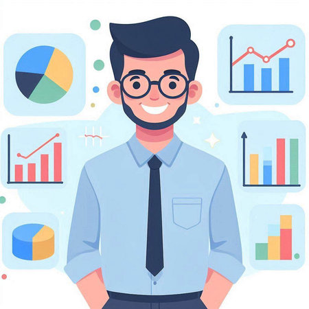 Businessman in office. Man in glasses. Vector illustration in a flat styleのイラスト素材