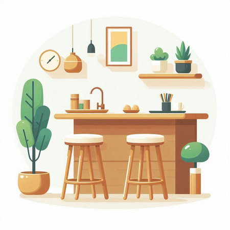 Kitchen interior with furniture and accessories. Vector illustration in flat styleのイラスト素材