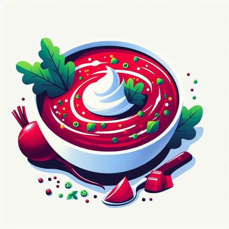 Vector illustration of a bowl of tomato soup with sour cream and vegetablesのイラスト素材