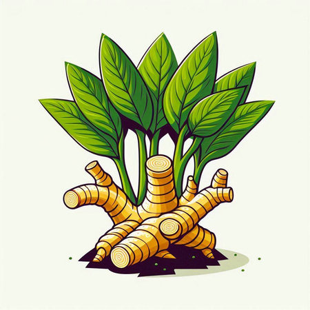 Ginger root and leaves isolated on white background. Vector illustration.のイラスト素材