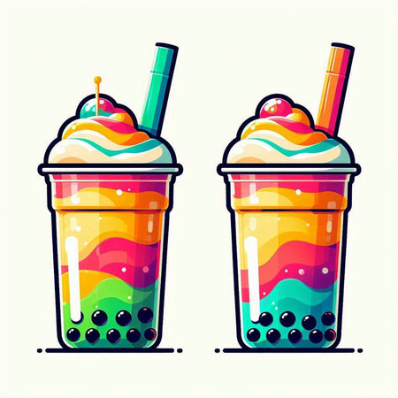 Fruit smoothies in plastic cups. Vector illustration in cartoon style.のイラスト素材