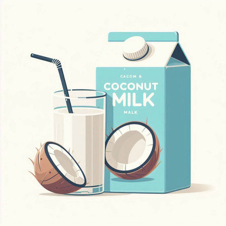 Coconut milk vector illustration in flat style. Milk in a glass with a straw.のイラスト素材