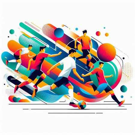 Soccer players in action on abstract colorful background. Vector illustration.のイラスト素材