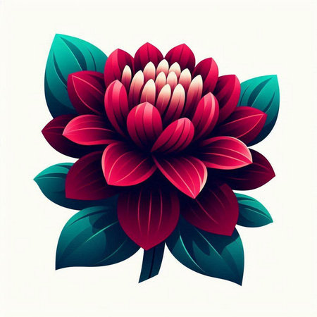 Illustration of a red dahlia with green leaves on a white backgroundのイラスト素材