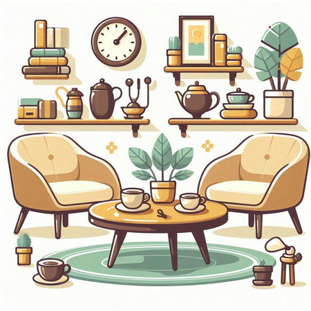 Cozy living room interior with furniture, coffee table, sofa, bookshelf, coffee cup and plants. Vector illustration.のイラスト素材