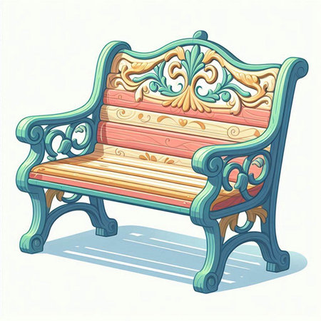 Illustration of a vintage bench with floral ornament on a white backgroundのイラスト素材