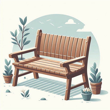 Wooden bench in the garden. Vector illustration in retro style.のイラスト素材