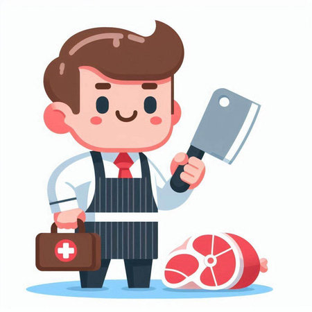 Man butcher with meat and tools. Vector illustration in cartoon style.のイラスト素材