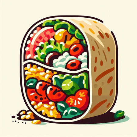 Vector illustration of a sandwich with vegetables and cheese in a flat style.のイラスト素材