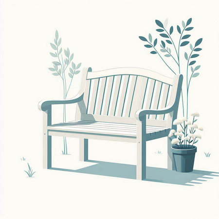 Vector illustration of a wooden bench in the garden with flowers in a potのイラスト素材