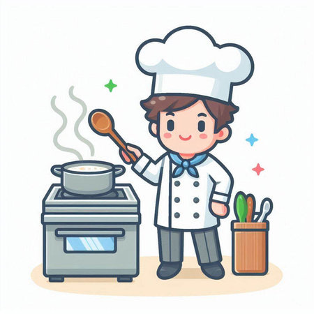Chef boy cooking in the kitchen. Vector illustration of cartoon character.のイラスト素材