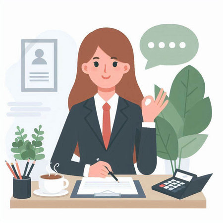 Businesswoman working at her desk in the office. Vector flat illustrationのイラスト素材