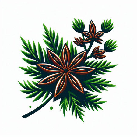 Anise star on a branch with green leaves. Vector illustration.のイラスト素材