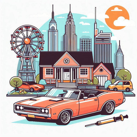 Vintage american car on the background of the city. Vector illustrationのイラスト素材