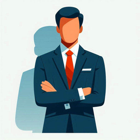 Businessman standing with crossed arms. Vector illustration in flat style.のイラスト素材