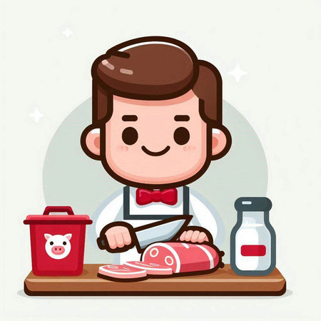Cute cartoon chef cooking meat in a restaurant. Vector illustration.のイラスト素材