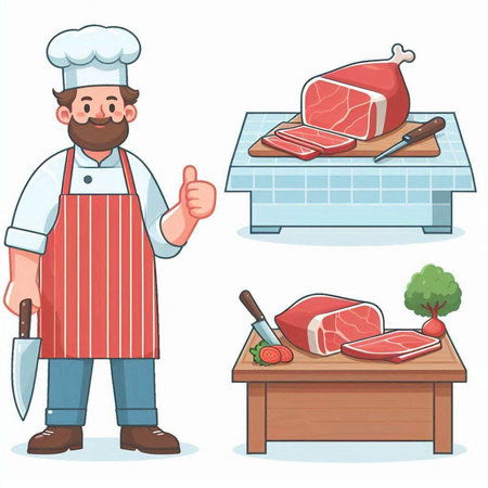 Butcher and meat products set. Vector illustration of a cartoon characterのイラスト素材
