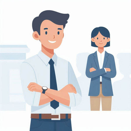 Businessman and businesswoman standing in front of the office building. Vector illustration.のイラスト素材
