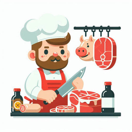 Butcher with a knife in his hand cutting meat. Vector illustrationのイラスト素材