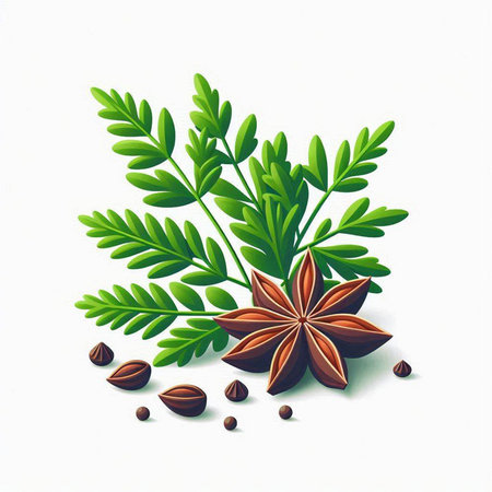 Illustration of star anise and leaves on a white background.のイラスト素材