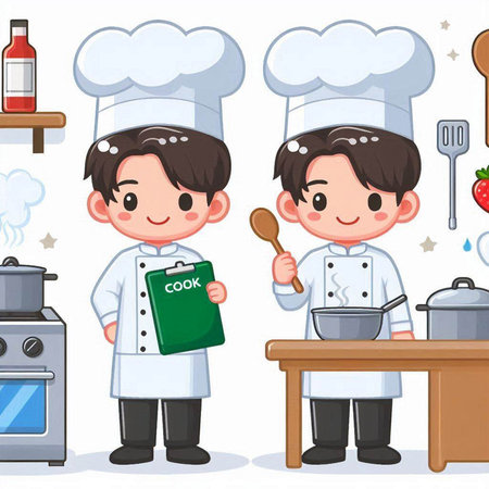 Chef boy and cook boy cartoon vector illustration. Cute chef boy and cook boy cartoon character.のイラスト素材