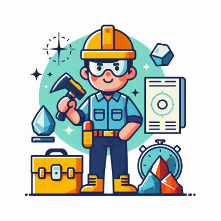 Worker with tools and equipment. Vector illustration in cartoon style.のイラスト素材